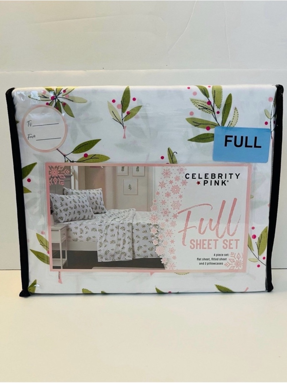 Celebrity Pink Holly and Berries Full Size Four Piece Sheet Set White Green Pink